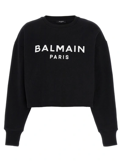 Shop Balmain Logo Print Cropped Sweatshirt In White/black