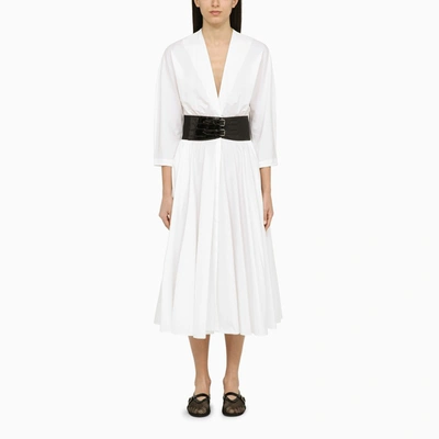 Shop Alaïa White Cotton Midi Dress With Belt