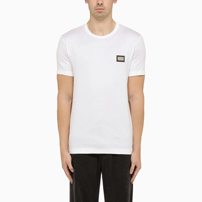 Shop Dolce & Gabbana White Crewneck T-shirt With Logo Plaque