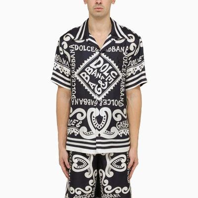 Shop Dolce & Gabbana Silk Hawaii Shirt With Navy Print In Blue