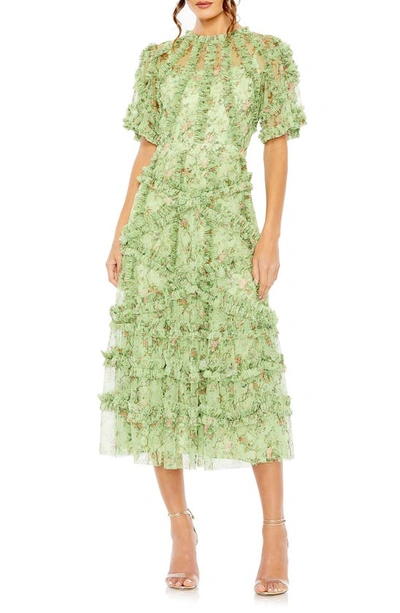 Shop Mac Duggal Floral Flutter Sleeve Ruffle Mesh A-line Dress In Sage Multi