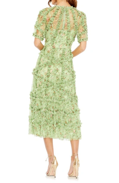 Shop Mac Duggal Floral Flutter Sleeve Ruffle Mesh A-line Dress In Sage Multi