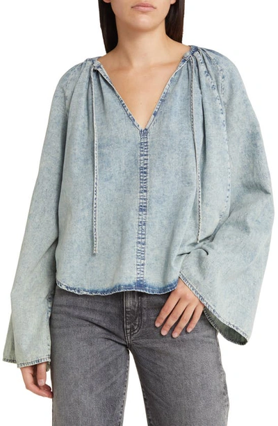 Shop Frame Tie Neck Denim Top In Aries