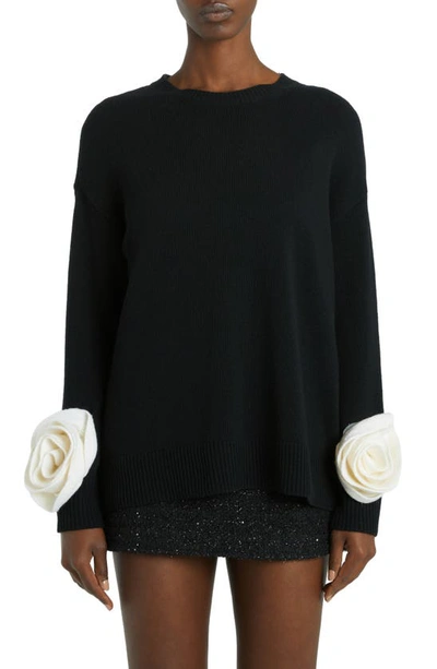 Shop Valentino Rose Cuff Virgin Wool Sweater In Nero/ Avorio