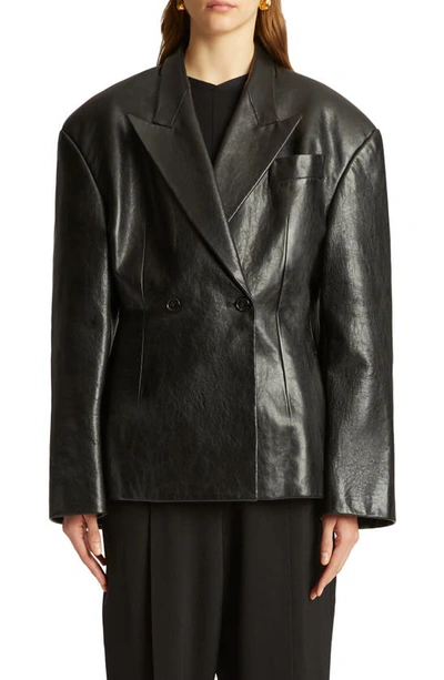 Shop Khaite The Connie Oversize Double Breasted Leather Blazer In Black
