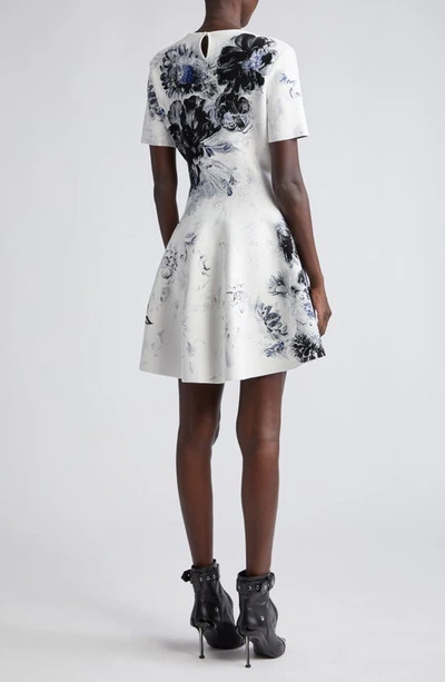 Shop Alexander Mcqueen Chiaroscuro Floral Fit & Flare Minidress In White/ Black/ Blue