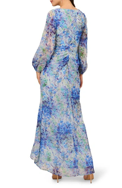 Shop Adrianna Papell Floral Metallic Long Sleeve Chiffon High-low Dress In Blue Multi