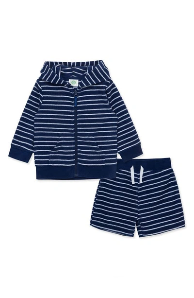 Shop Little Me Stripe Hooded Jacket & Shorts Set In Blue