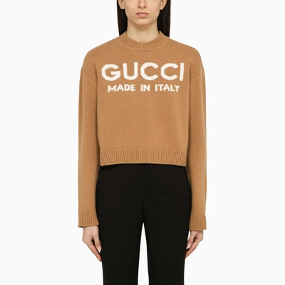 Shop Gucci Camel-coloured Wool Sweater With Logo In Brown
