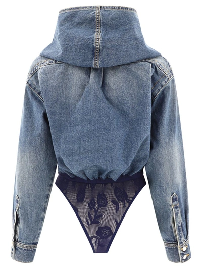 Shop Alaïa Hooded Denim Bodysuit In Blue