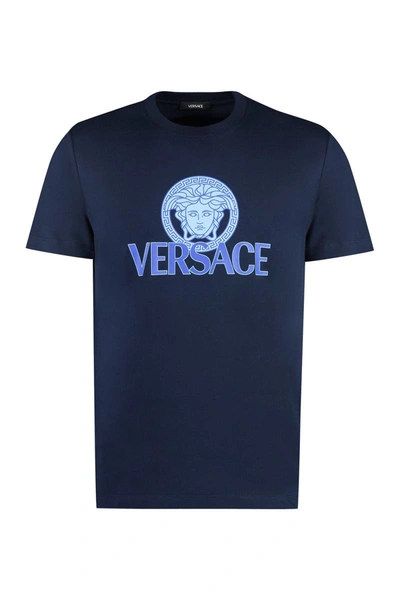 Shop Versace Printed Cotton T-shirt In Blue