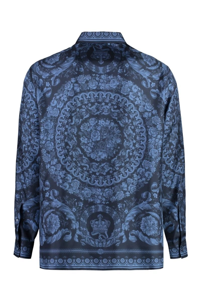 Shop Versace Printed Silk Shirt In Blue