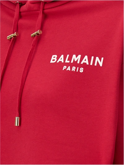 Shop Balmain Flocked Logo Cropped Hoodie Sweatshirt Fuchsia