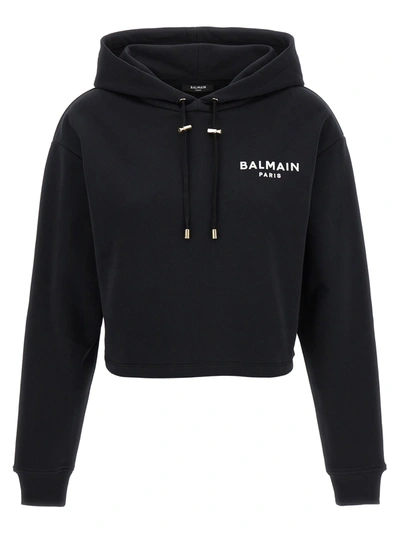 Shop Balmain Flocked Logo Cropped Hoodie Sweatshirt White/black