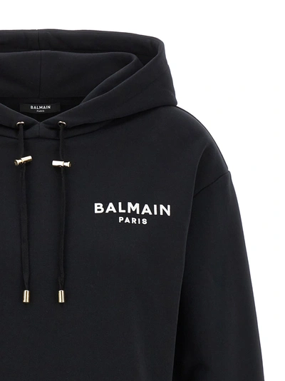 Shop Balmain Flocked Logo Cropped Hoodie Sweatshirt White/black