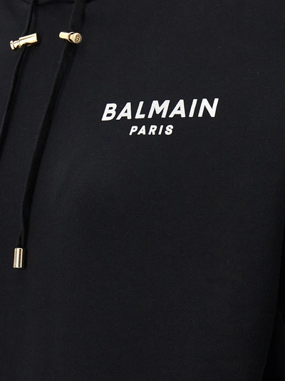 Shop Balmain Flocked Logo Cropped Hoodie Sweatshirt White/black