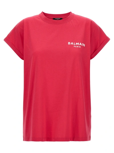 Shop Balmain Flocked Logo T-shirt Fuchsia