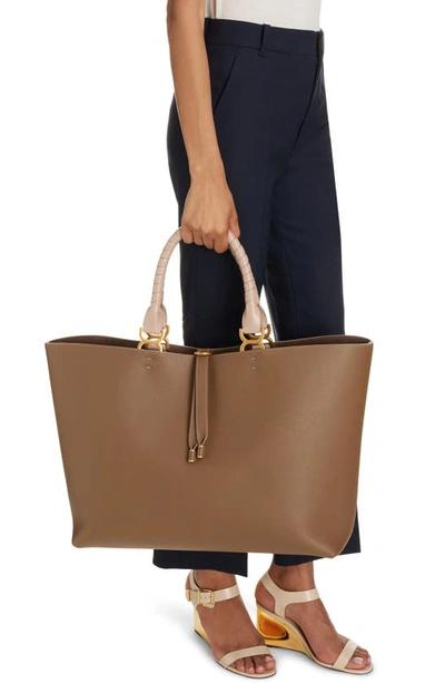 Shop Chloé Large Marcie Grained Calfskin Leather Tote In Dark Nut 29x