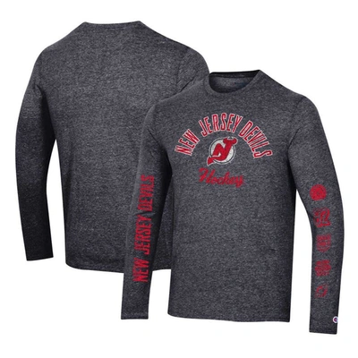 Shop Champion Heather Black New Jersey Devils Multi-logo Tri-blend Long Sleeve T-shirt
