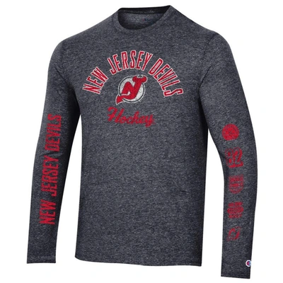 Shop Champion Heather Black New Jersey Devils Multi-logo Tri-blend Long Sleeve T-shirt