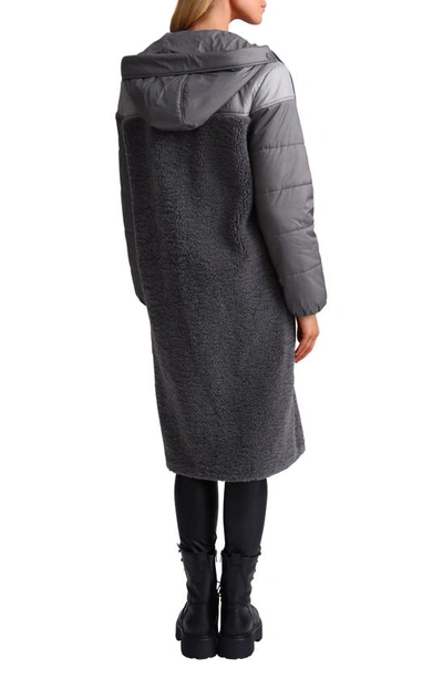 Shop Avec Les Filles Mixed Media Faux Shearling Quilted Hooded Coat In Charcoal