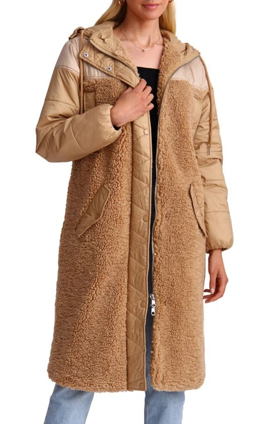 Shop Avec Les Filles Mixed Media Faux Shearling Quilted Hooded Coat In Camel