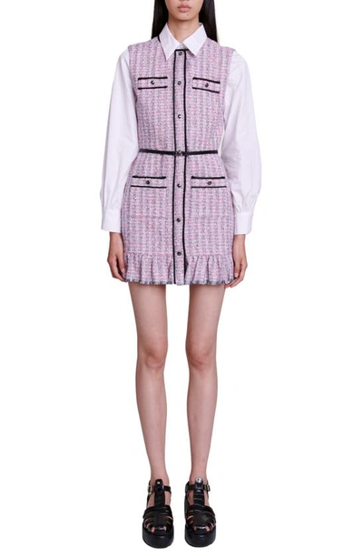 Shop Maje Ratri Belted Long Sleeve Tweed Minidress In Pink