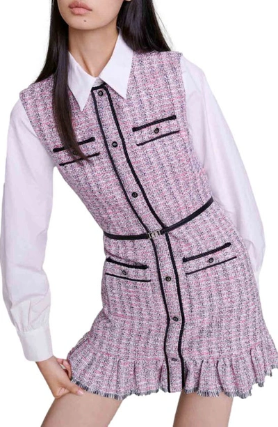 Shop Maje Ratri Belted Long Sleeve Tweed Minidress In Pink