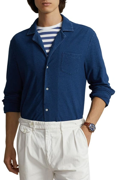 Shop Polo Ralph Lauren Indigo Knit Button-up Shirt In Medium Indigo