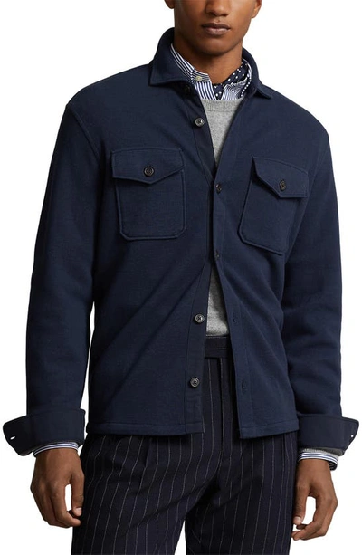 Shop Polo Ralph Lauren Jacquard Double Knit Shirt Jacket In Aviator Navy