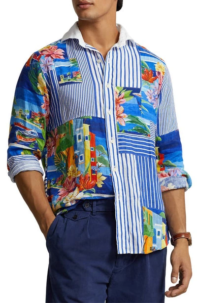 Shop Polo Ralph Lauren Floral Patchwork Linen Button-up Sport Shirt In 6246 Le Grand Bleu W/ Stripes
