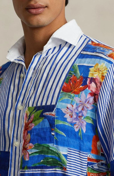 Shop Polo Ralph Lauren Floral Patchwork Linen Button-up Sport Shirt In 6246 Le Grand Bleu W/ Stripes