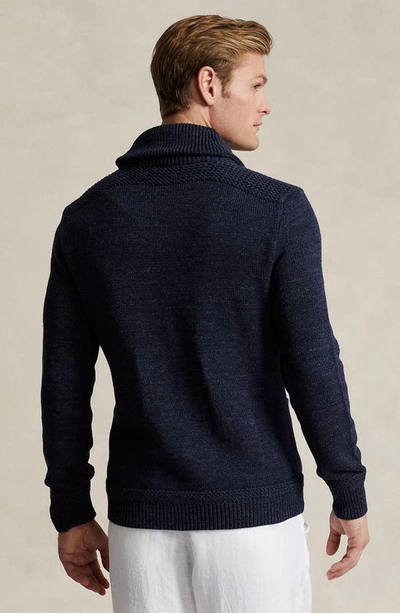 Shop Polo Ralph Lauren Marled Shawl Collar Cardigan In Navy Ragg