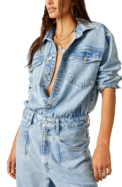 Shop Free People Touch The Sky Long Sleeve Denim Jumpsuit In Cloud 9