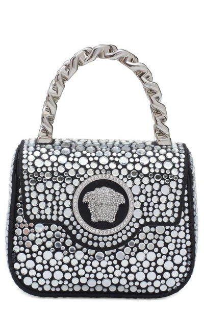 Shop Versace Mini La Medusa Crystal Embellished Satin Top Handle Bag In Black/ Crystal/ Palladium