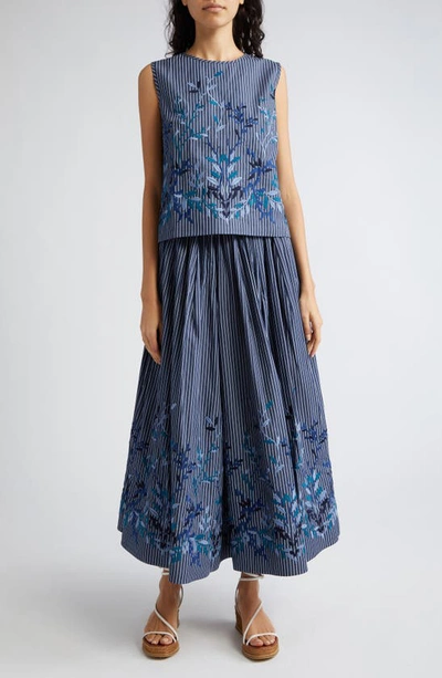 Shop Loretta Caponi Hilary Floral Embroidered Stripe Sleeveless Top In Blue Denim Leaves