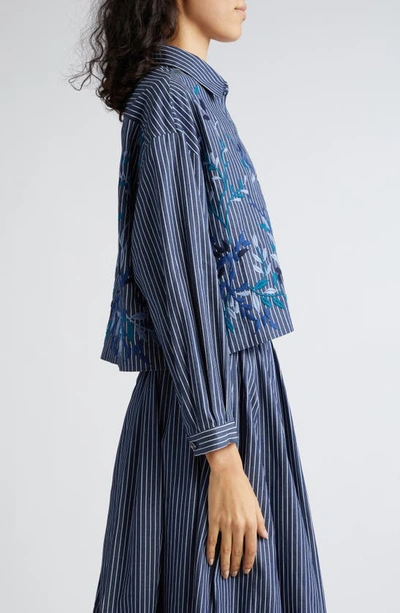Shop Loretta Caponi Assia Floral Embroidered Stripe Crop Button-up Shirt In Blue Denim Leaves