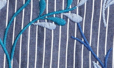 Shop Loretta Caponi Assia Floral Embroidered Stripe Crop Button-up Shirt In Blue Denim Leaves
