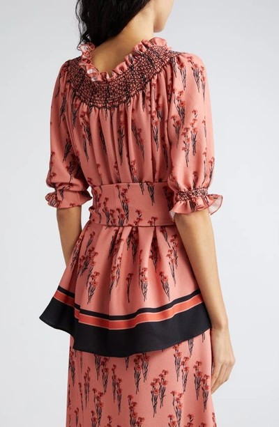 Shop Loretta Caponi Maria Belted Smocked Crepe Top In Flying Carnations