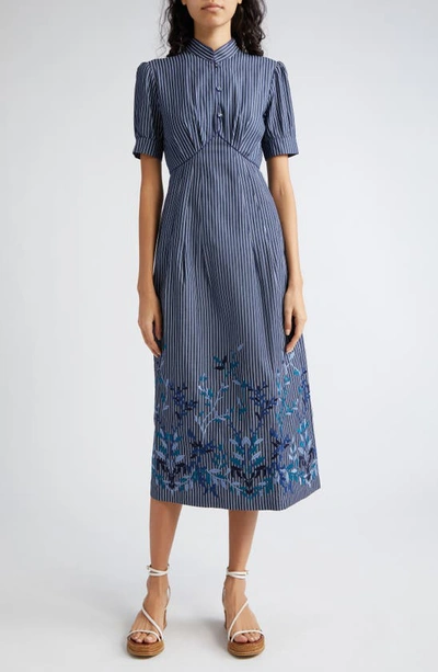Shop Loretta Caponi Clea Stripe Embroidered Midi Dress In Blue Denim Leaves