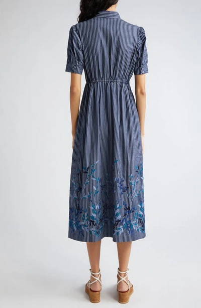 Shop Loretta Caponi Clea Stripe Embroidered Midi Dress In Blue Denim Leaves