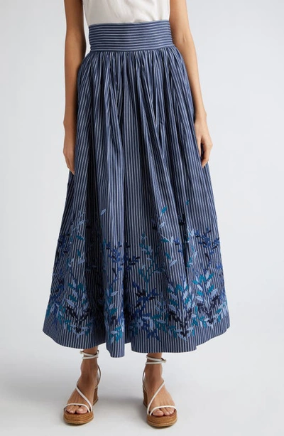 Shop Loretta Caponi Vanessa Floral Embroidered Stripe A-line Skirt In Blue Denim Leaves
