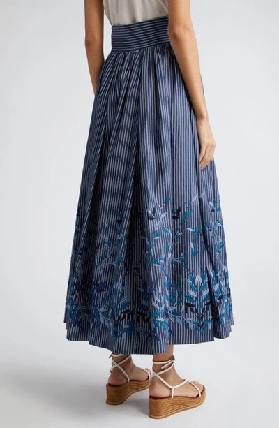 Shop Loretta Caponi Vanessa Floral Embroidered Stripe A-line Skirt In Blue Denim Leaves