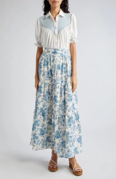 Shop Loretta Caponi Nuvola Floral Tiered Crepe Maxi Skirt In Poppies In The Air