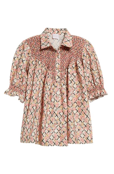 Shop Loretta Caponi Milvia Smocked Crepe Shirt In Pergola Of Roses