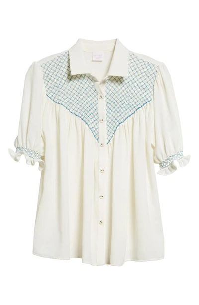 Shop Loretta Caponi Milvia Smocked Crepe Shirt In White Crepe