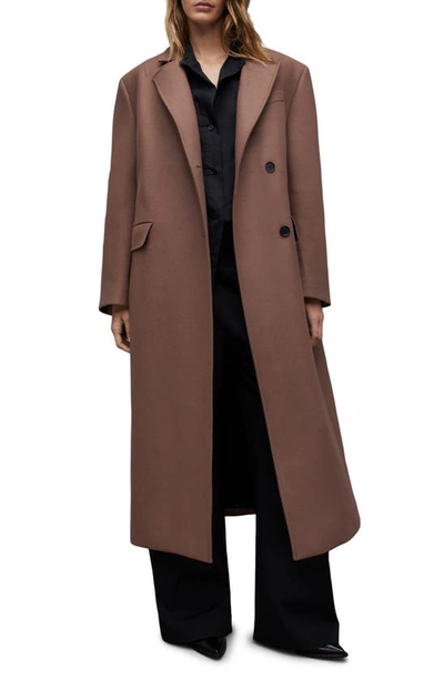 Shop Allsaints James Wool Blend Longline Coat In Chestnut Brown