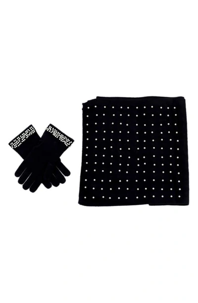 Shop La Fiorentina Imitation Pearl Scarf & Gloves Set In Black