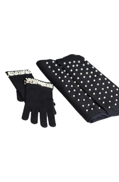 Shop La Fiorentina Imitation Pearl Scarf & Gloves Set In Black