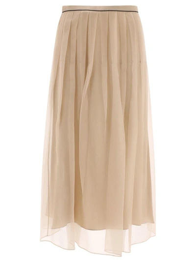 Shop Brunello Cucinelli Pleated Skirt With Shiny Waistband In Grey